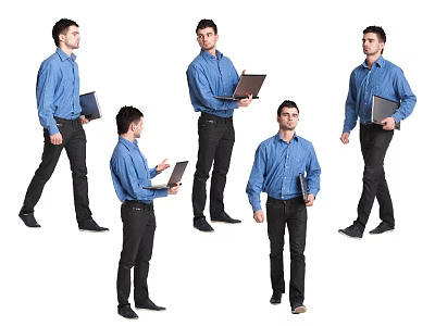 Man wearing blue shirt and black pants holding laptop in various poses 3d model