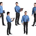 Man wearing blue shirt and black pants holding laptop in various poses