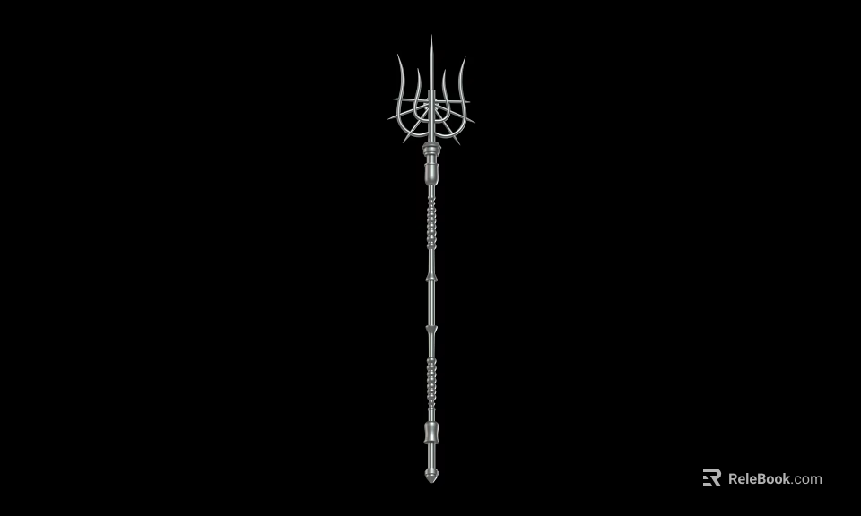 Trident Weapon With Long Handle Three Pronged Design Black And White Line Art 3d model 