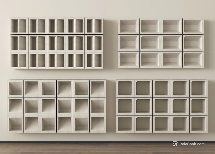 Modern Interior Wall Decor with White Square Cube Grid and Geometric Patterns 3d model