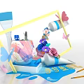Colorful Art Supplies With Paintbrush Paint Tubes Flowers And Butterflies