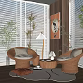 Rattan Chairs And Round Wooden Table With Green Plants Window Blinds In Cozy Natural Interior