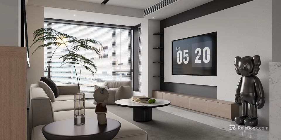 Modern Living Dining Room Interior With Sofa Coffee Table TV Palm Plant And Window Blinds 3d model 