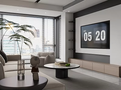 Modern Living Dining Room Interior With Sofa Coffee Table TV Palm Plant And Window Blinds 3d model