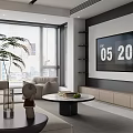 Modern Living Dining Room Interior With Sofa Coffee Table TV Palm Plant And Window Blinds