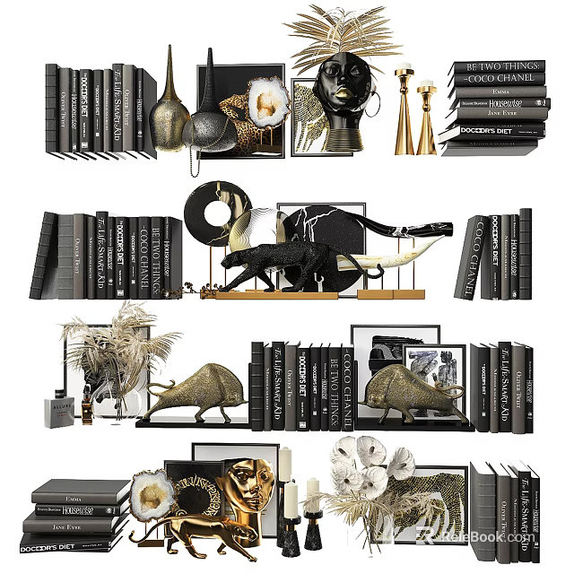 Modern Decorative Ornament Set With Books Sculptures Frames Vases And Rhino Figurines 3d model 