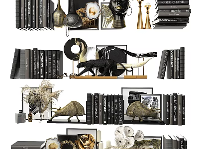 Modern Decorative Ornament Set With Books Sculptures Frames Vases And Rhino Figurines 3d model