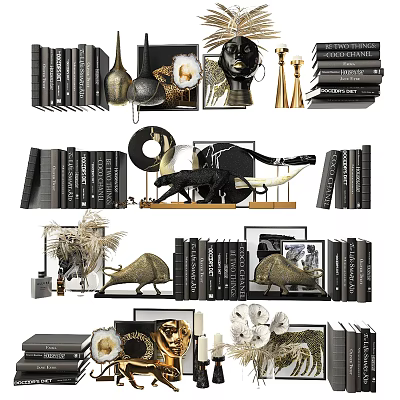 Modern Decorative Ornament Set With Books Sculptures Frames Vases And Rhino Figurines 3d model