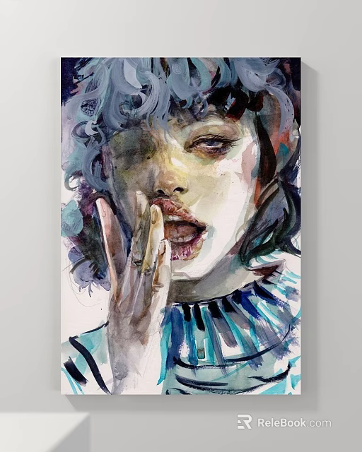 Watercolor Portrait Painting Of Woman With Curly Hair Hand Near Mouth And Blue Ruffled Collar 3d model 