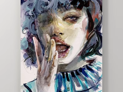 Watercolor Portrait Painting Of Woman With Curly Hair Hand Near Mouth And Blue Ruffled Collar 3d model