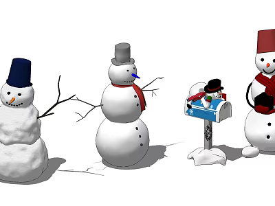 Snowmen With Different Hats Scarves And Mailbox In Winter Scene 3d model
