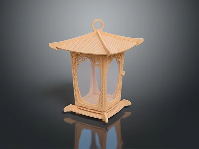 Traditional Wooden Lantern With Carved Patterns Hanging Ring And Square Base 3d model