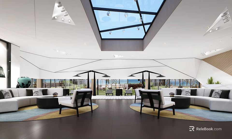 Modern Leisure Area Interior Design With Comfortable Seating And Skylight Windows 3d model