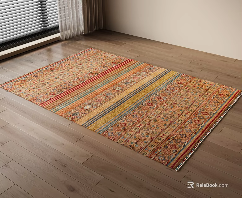 Vibrant Square Area Rug With Colorful Stripes And Traditional Pattern On Wooden Floor 3d model 