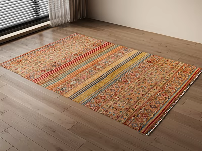 Vibrant Square Area Rug With Colorful Stripes And Traditional Pattern On Wooden Floor 3d model