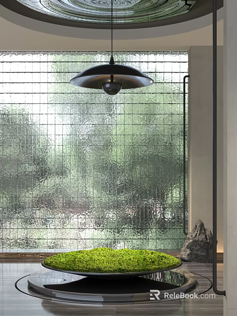 Garden Ornaments With Frosted Glass Window Green Plants Stone Decor And Black Frame 3d model 