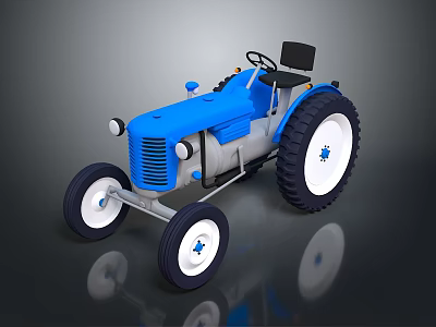 Blue Tractor Model With Black Seat White Wheels On Reflective Surface 3d model