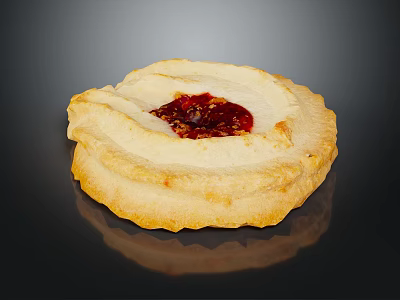 Golden Round Buttery Cookie With Red Jam Filling On Dark Background 3d model