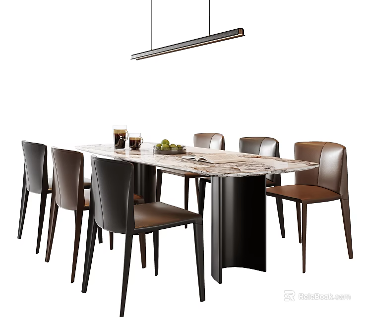 Modern Dining Table Set With Marble Top Leather Chairs And Hanging Light Decor 3d model 