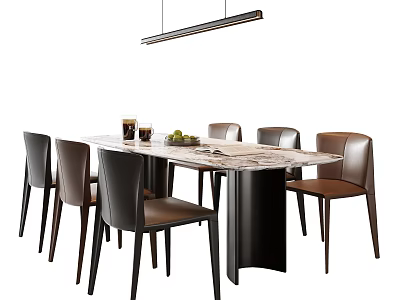 Modern Dining Table Set With Marble Top Leather Chairs And Hanging Light Decor 3d model