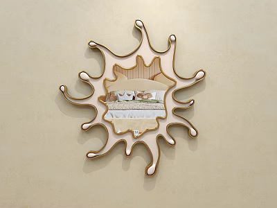 Decorative Mirror on Beige Wall with Irregular Sunburst Shaped Frame Reflecting Bedroom With Furniture 3d model