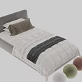 Double Bed With Green And Beige Upholstered Headboard White Quilt Grey Blanket And Pillows