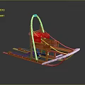 Traditional Wooden Sled With Red Seat White Ropes And Blue Skis