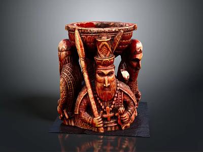 Intricate Hand Carved Sculpture Featuring Royal Figure With Crown Scepter And Attendants 3d model