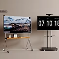 Poliform TVs With Mobile Wooden Stand And Black Stand Displaying Mountain Landscape And Time