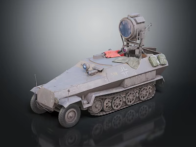 Gray Armored Utility Vehicle With Tracked Wheels Top Searchlight And Gear Bags 3d model