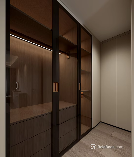 Modern Walk-in Closet Interior Design With Wooden Cabinets Glass Doors And Recessed Lighting 3d model 