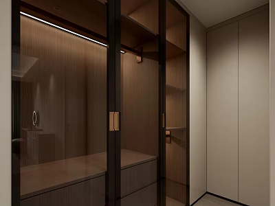 Modern Walk-in Closet Interior Design With Wooden Cabinets Glass Doors And Recessed Lighting 3d model