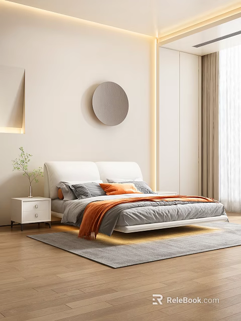 Modern Double Bed with Round Wall Art Gray Orange Pillows and Wooden Nightstand 3d model 