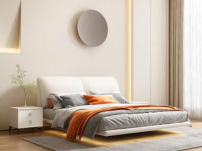 Modern Double Bed with Round Wall Art Gray Orange Pillows and Wooden Nightstand 3d model