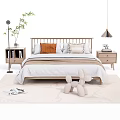 Modern Double Bed with Wooden Headboard Minimalist Bedding Nightstands Floor Lamp Green Plant and Rug