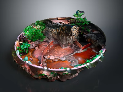 Miniature Landscape Model With Green Plants Rock Formation And Water Stream 3d model