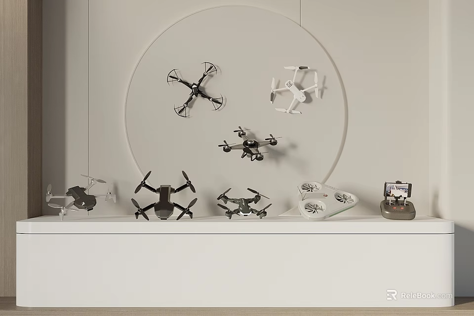 Industrial Drone Models Display On White Shelf With Remote Controller And Circular Background 3d model
