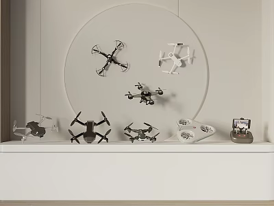 Industrial Drone Models Display On White Shelf With Remote Controller And Circular Background 3d model