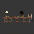 Rustic Dining Table Set With Table Lamp Gramophone Chessboard Books Chairs And Stools 3d model