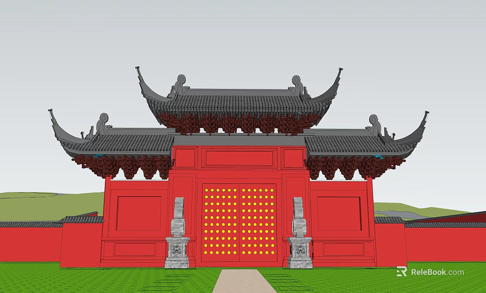 Traditional Chinese Paifang Red Structure With Black Upturned Eaves And Golden Decorations 3d model 