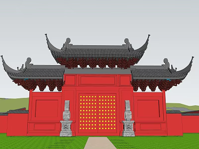 Traditional Chinese Paifang Red Structure With Black Upturned Eaves And Golden Decorations 3d model