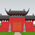 Traditional Chinese Paifang Red Structure With Black Upturned Eaves And Golden Decorations