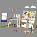Children's Wooden Bookcase With Storage Shelves Books Toys Easel And Cloud Decorations In Play Area