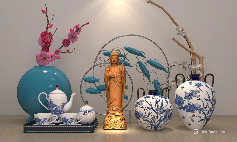 Decorative Ornament Set With Golden Buddha Statue Blue Vase And Blue White Porcelain Tea Set 3d model 