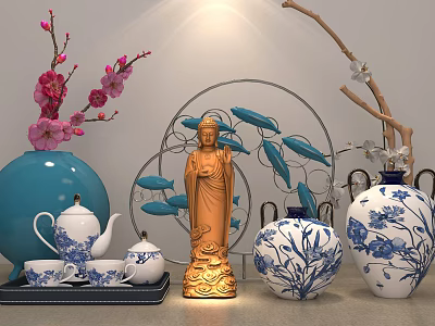 Decorative Ornament Set With Golden Buddha Statue Blue Vase And Blue White Porcelain Tea Set 3d model