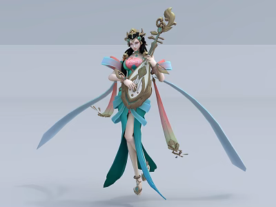 Ancient Style Female Game and Movie Character With Traditional Costume Pipa and Flowing Ribbons 3d model