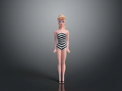 Woman in Black and White Striped Swimsuit with Blonde Hair and Black Heels 3d model