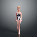 Woman in Black and White Striped Swimsuit with Blonde Hair and Black Heels