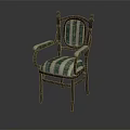 Wooden Frame Chair With Green And White Striped Upholstery And Decorative Armrests