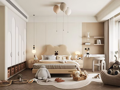 Kids Room Interior With Bear Shaped Headboard Bed Stuffed Toys And Balloon Lights 3d model